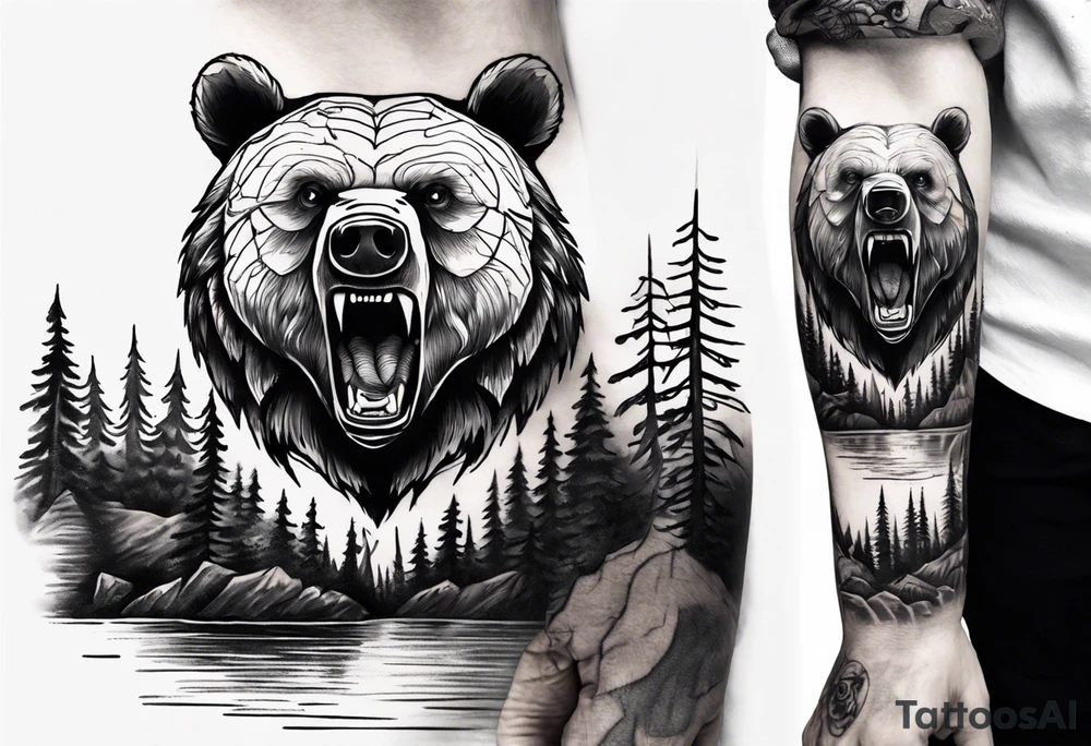 bear head right above the forest line with a lake below, full arm sleeve tattoo tattoo idea