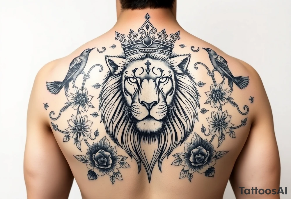 powerful majestic lion with a crown, surrounded by floral ornaments and birds tattoo idea