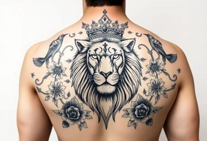 powerful majestic lion with a crown, surrounded by floral ornaments and birds tattoo idea