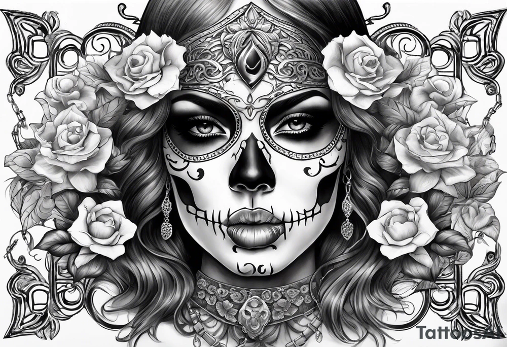 Draw me a Lady like skull with smoke out of his mouth add some flowers underneath with some ornamentals and Chains under it tattoo idea