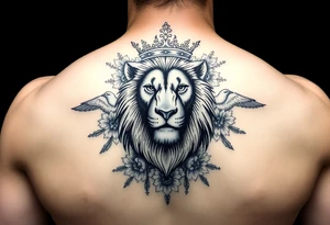 powerful majestic lion with a crown, surrounded by floral ornaments and birds tattoo idea