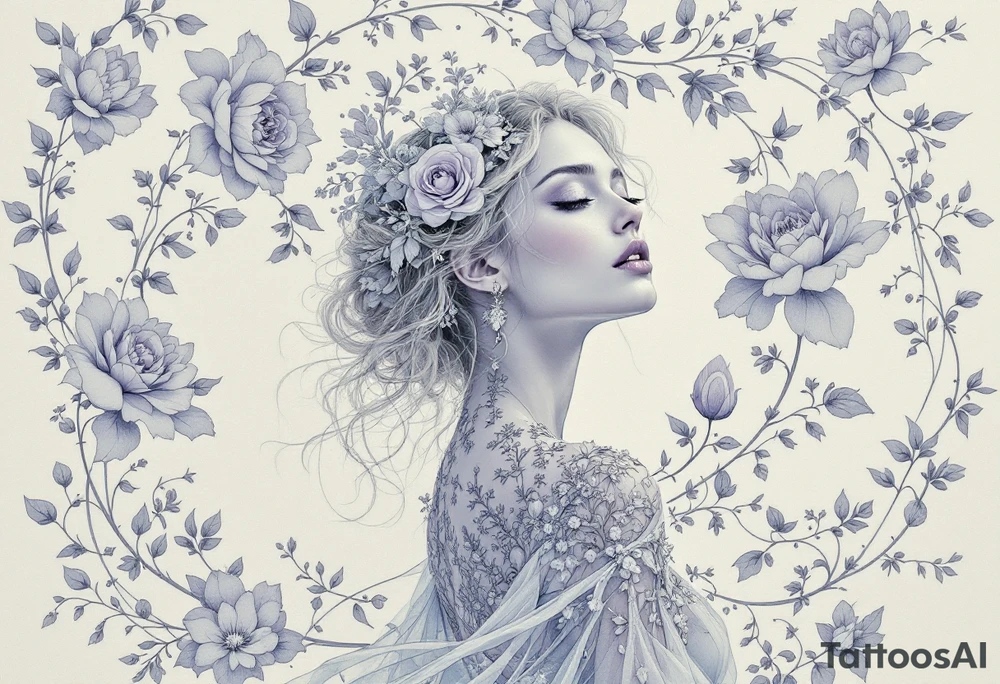 Alfons Mucha’s fairytale woman surrounded by icy floral motifs, wearing a gown of dusty silver and hints of lilac. tattoo idea