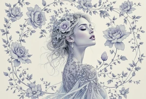 Alfons Mucha’s fairytale woman surrounded by icy floral motifs, wearing a gown of dusty silver and hints of lilac. tattoo idea