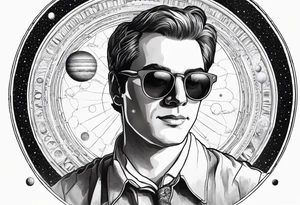 realistic portrait of Joseph Smith Jr. wearing a Dartmouth College shirt, and hypnotic looking sunglasses, with a solar system background tattoo idea