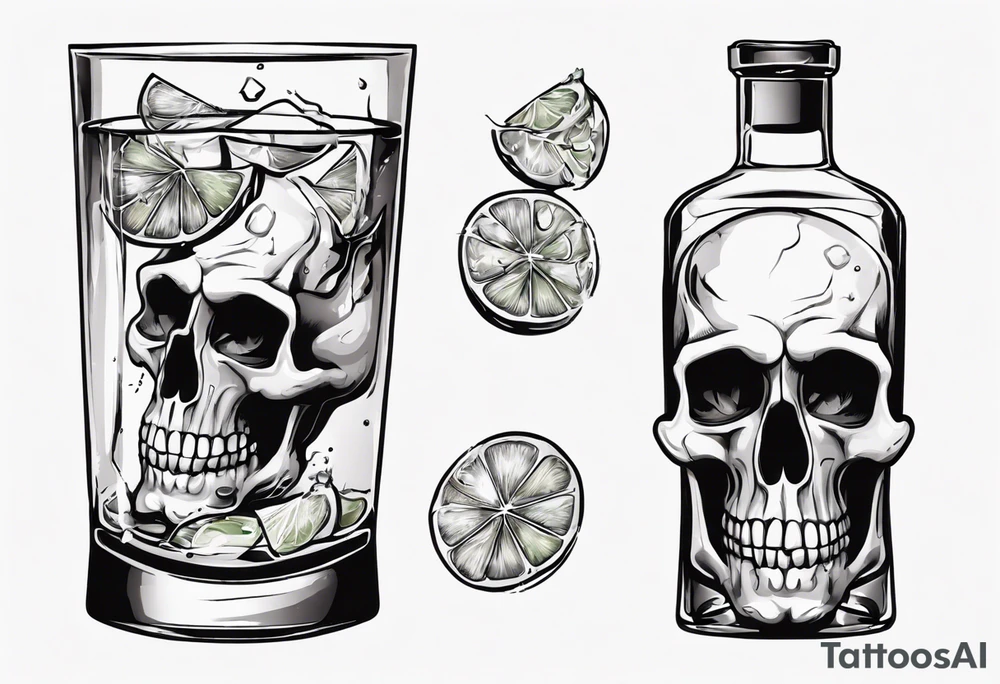 A scull inside the glass with alcohol and piece of lime tattoo idea