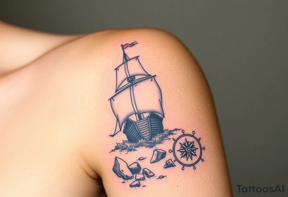A tattered galleon ship sailing toward a stormy and rocky shore and a compass pointing home tattoo idea