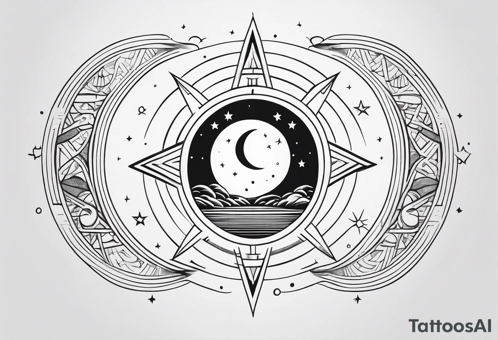 Long narrow line spine tattoo. Includes moon, stars and ancient symbols. Minimal design. Less cartoon tattoo idea