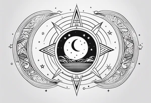 Long narrow line spine tattoo. Includes moon, stars and ancient symbols. Minimal design. Less cartoon tattoo idea