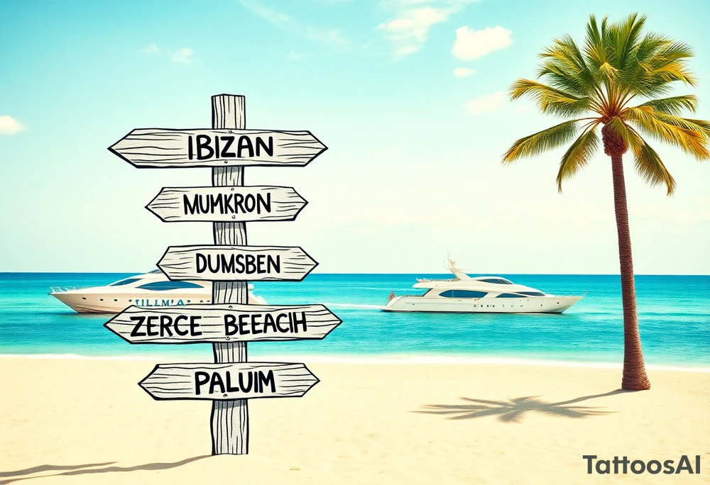 A tall wooden signpost with four directional arrows, each pointing in a different direction. The arrows are rustic and slightly weathered, with the names of popular travel destinations written on them: 'IBIZA', 'MYKONOS', 'DUBAI', 'ZRCE BEACH', 'IOS', 'PALMA', and 'TULUM'. The signpost is located on a sandy beach with a clear blue ocean in the background. A luxurious white yacht is visible on the water, slightly in the distance. A tall, green palm tree stands nearby, casting a small shadow on the sand. The scene is bathed in warm sunlight, with a few wispy clouds in the sky, creating a relaxed and tropical vacation vibe. tattoo idea