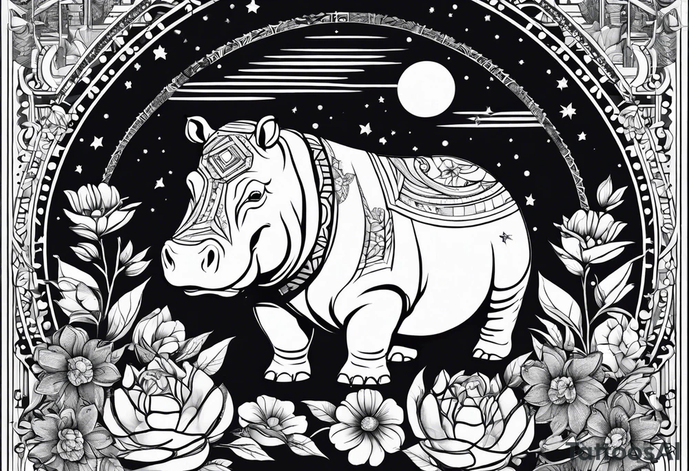 Hippo, flowers, moon, interstella,
fine lines, tribal, geometric tattoo idea
