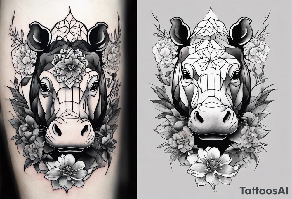 Asymmetrical, geometric, chinese ink art touch, hippo , full moon, wintersweet flower, light , modify from my favourite, s-shape tattoo idea