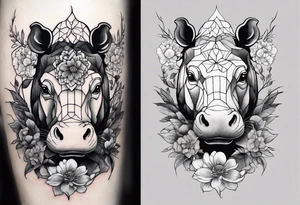 Asymmetrical, geometric, chinese ink art touch, hippo , full moon, wintersweet flower, light , modify from my favourite, s-shape tattoo idea