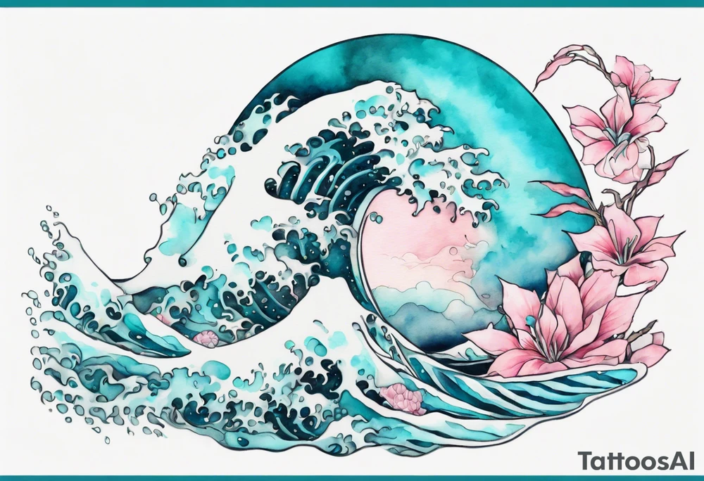 a pretty turquoise pink and white Zubeia rising from the blue waves of the ocean tattoo idea