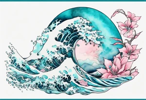 a pretty turquoise pink and white Zubeia rising from the blue waves of the ocean tattoo idea