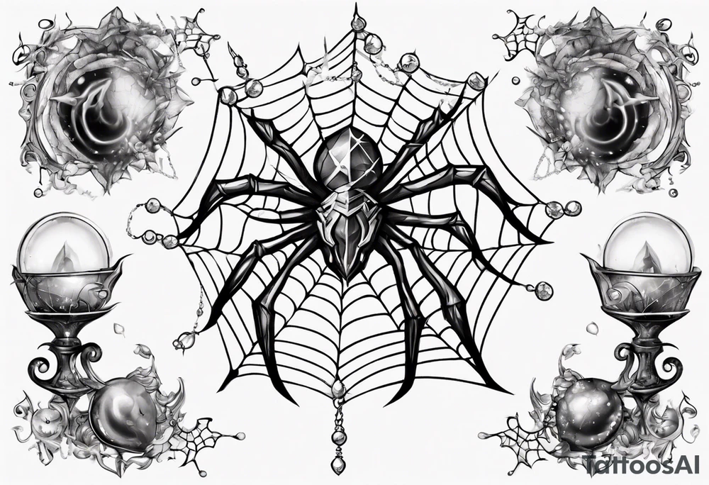 Spider in a spiral spiderweb with jewels and shattered chalices and spiral unicorn horn. tattoo idea