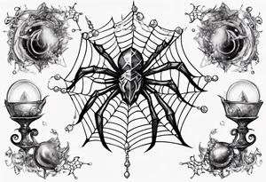 Spider in a spiral spiderweb with jewels and shattered chalices and spiral unicorn horn. tattoo idea