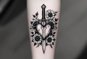 dagger piercing a heart with roses and sunflowers tattoo idea