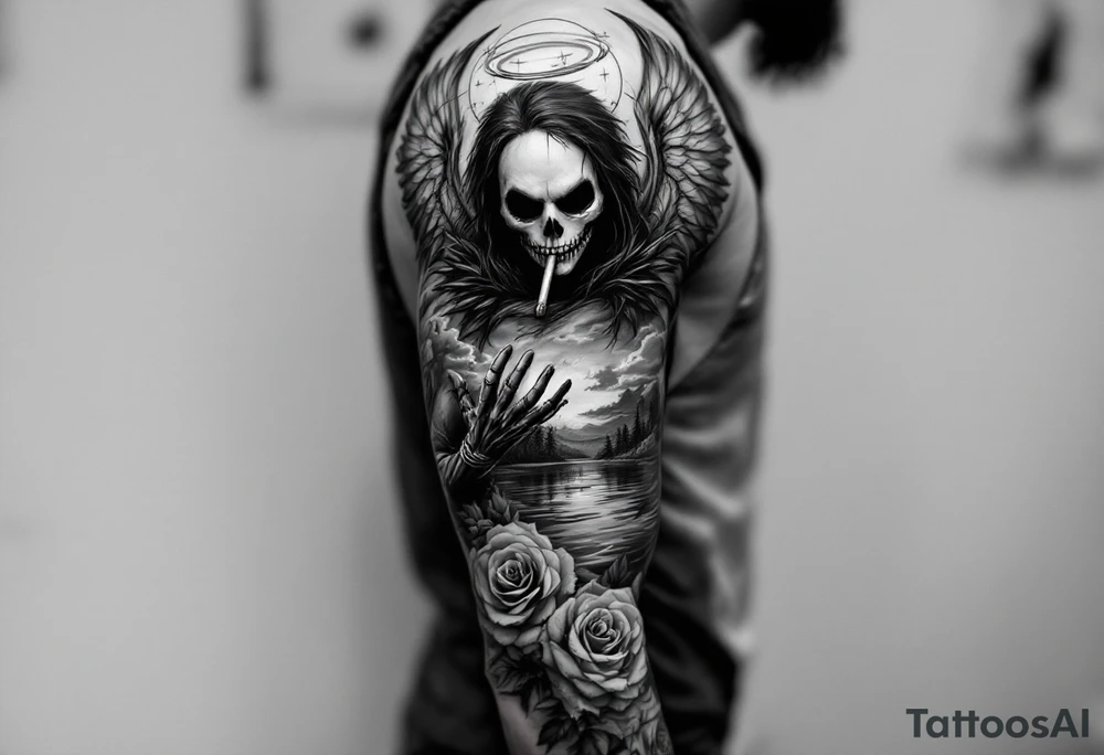 majestic/holy jack skellington as an angel with wings, smoking a blunt, fishing over lake, clouds, roses, tattoo idea
