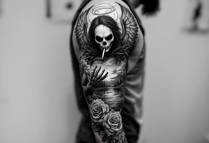 majestic/holy jack skellington as an angel with wings, smoking a blunt, fishing over lake, clouds, roses, tattoo idea