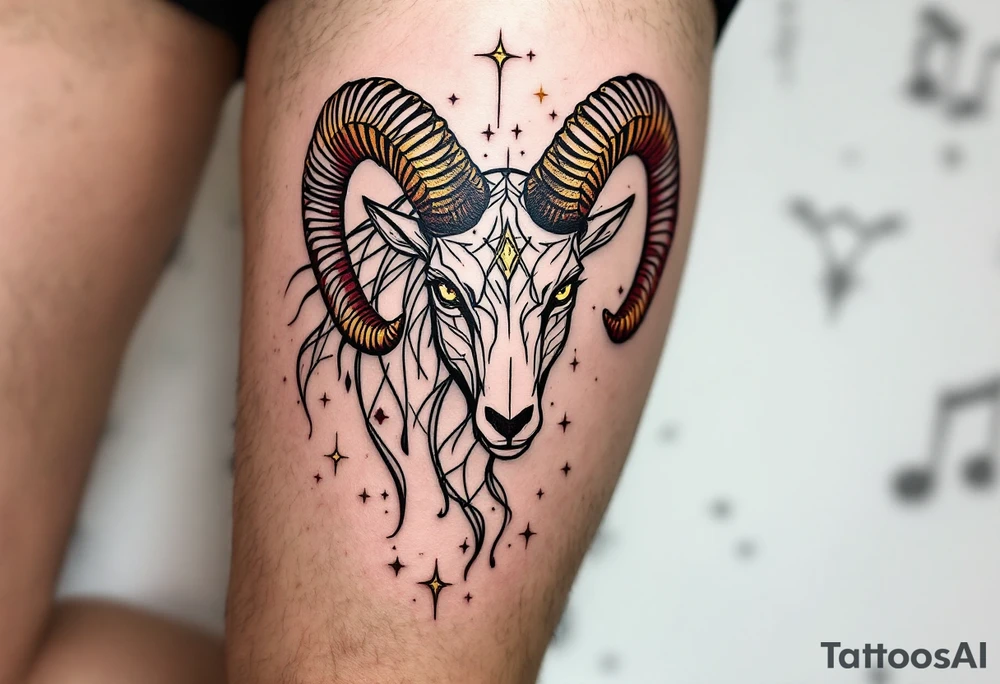 A vibrant Aries zodiac tattoo features the Aries star constellation in gold lines with a fierce ram silhouette in maroon. tattoo idea