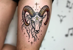 A vibrant Aries zodiac tattoo features the Aries star constellation in gold lines with a fierce ram silhouette in maroon. tattoo idea
