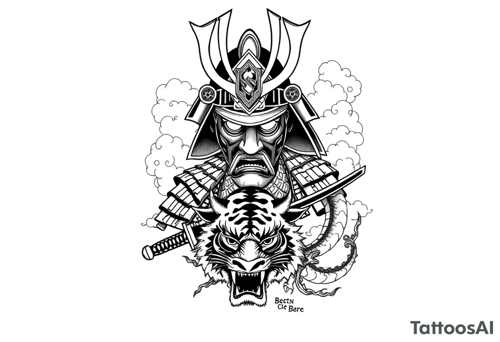 samurai warrior wearing a helmet. Some clouds around, with a tiger’s head beneath, and a samurai sword. This should be a good tattoo for forearm. Add a dragon going around them tattoo idea
