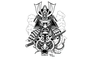 samurai warrior wearing a helmet. Some clouds around, with a tiger’s head beneath, and a samurai sword. This should be a good tattoo for forearm. Add a dragon going around them tattoo idea