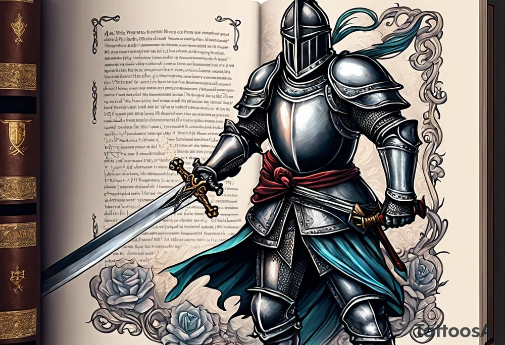 a knight pulling a sword out of an open bible tattoo idea