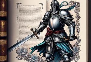 a knight pulling a sword out of an open bible tattoo idea