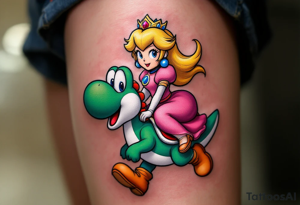 Princess Peach riding Yoshi from Mario Bros with vibrant colors. Make it more like the super Mario bros movie. Her dress should be poofier and covering her legs while he has red saddle with white trim. He should be walking upright. Make him look towards the camera with a large open mouth smile tattoo idea