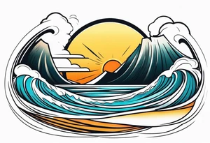 Hawaian beach with a big sun and many waves tattoo idea