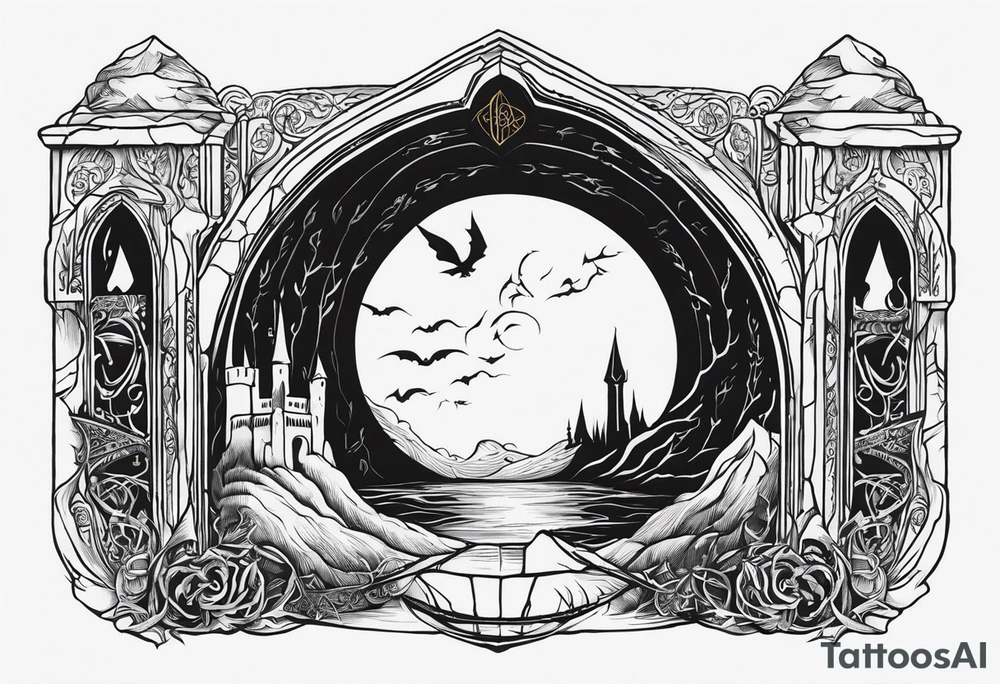 Lord of the rings and Harry Potter movie mashup. Small and simple. Not too much artistic detail. Hobbit door hole, wands, elvish writing, deathly hallows tattoo idea