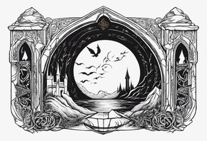 Lord of the rings and Harry Potter movie mashup. Small and simple. Not too much artistic detail. Hobbit door hole, wands, elvish writing, deathly hallows tattoo idea