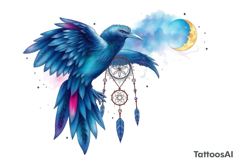 Raven dream catcher milky way moon shooting star tattoo idea