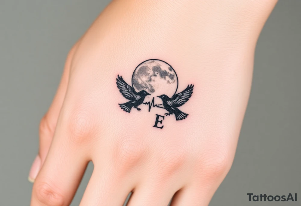 Create a minimalist tattoo design symbolizing the deep connection between a mother and daughter, featuring the initials L and E. Incorporate two crows flying around a full moon, connected by an ECG heartbeat line that represents their shared life energy. The design should feel mystical, balanced, and emotionally meaningful.”
Simplystic and small with Initials L and E tattoo idea