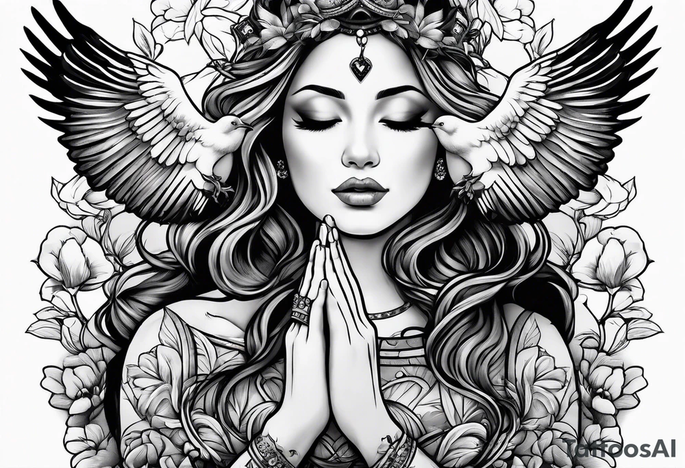 Woman praying hands with doves, full sleeve tattoo idea