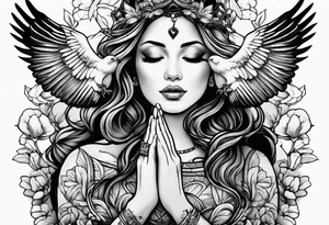 Woman praying hands with doves, full sleeve tattoo idea