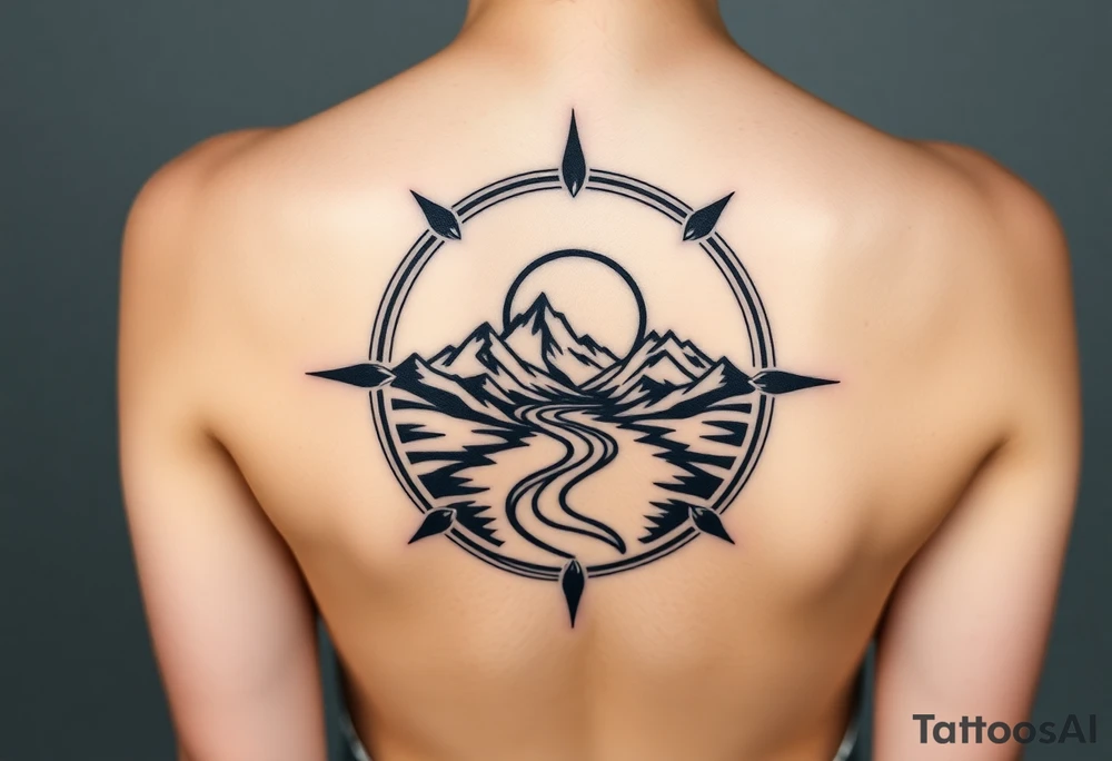 mountains. river and sunrise, let it all be inside one circle. draw a line and divide the circle into two parts, let one part be like day and the other part like night tattoo idea