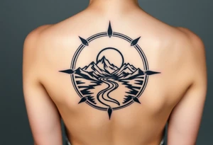 mountains. river and sunrise, let it all be inside one circle. draw a line and divide the circle into two parts, let one part be like day and the other part like night tattoo idea