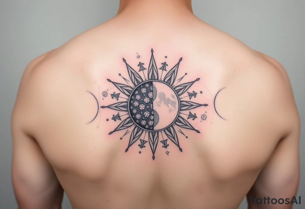 celestial sun and moon embrace with constellation patterns tattoo idea