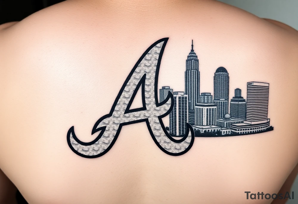 Atlanta Braves letter logo “A” overlapping the Atlanta skyline in the back on the right. The buildings as concise and jam packed parallel the logo. tattoo idea