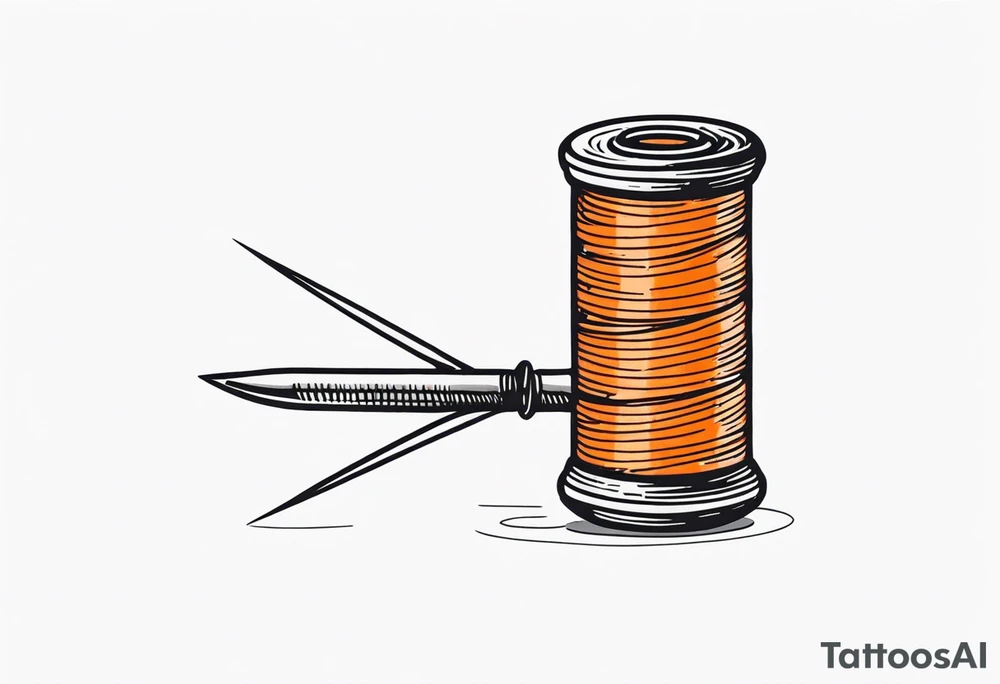 small tattoo. sewing needle with orange thread spool. tattoo idea