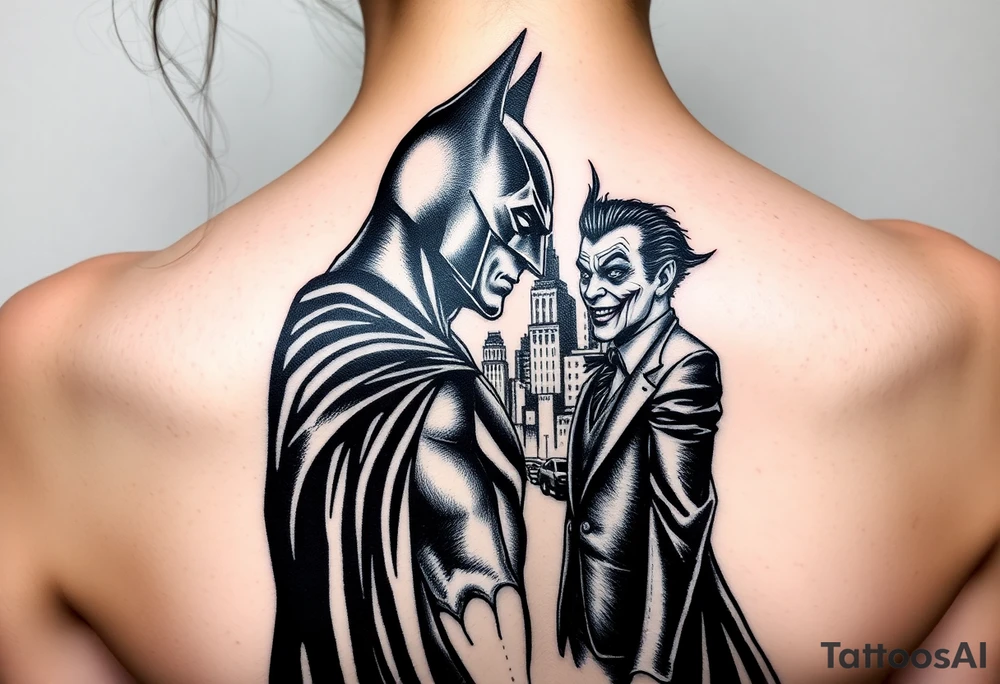 Batman facing off with the joker in Gotham city with buildings and with bat signal shinning realistic and detailed tattoo idea