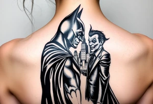 Batman facing off with the joker in Gotham city with buildings and with bat signal shinning realistic and detailed tattoo idea