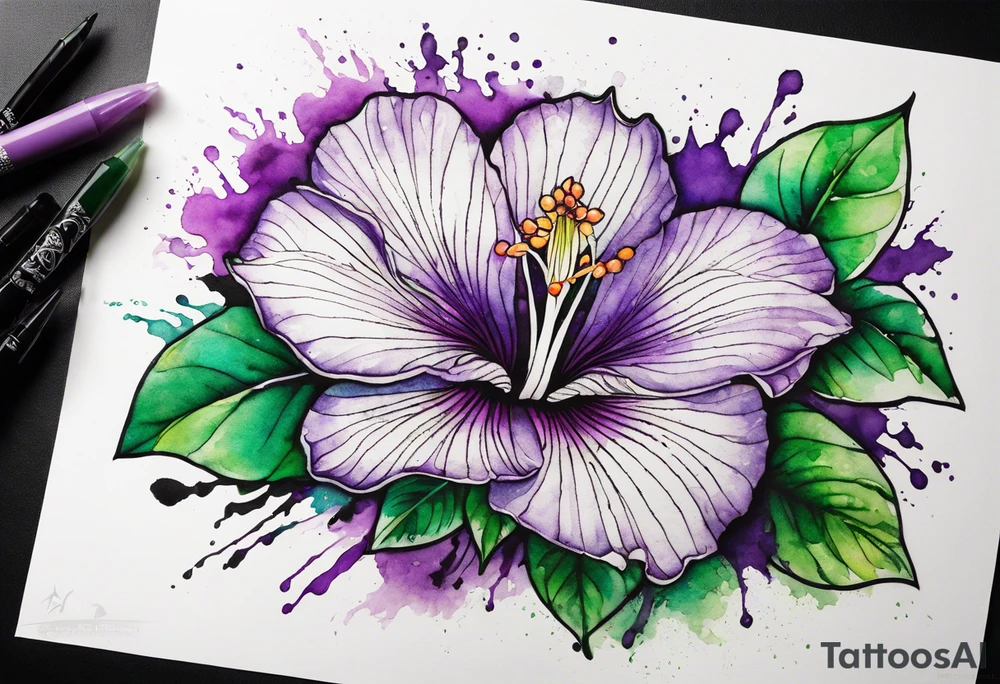 A mystical outline of a rio dipladenia flower and a green and purple watercolor splash in the background tattoo idea