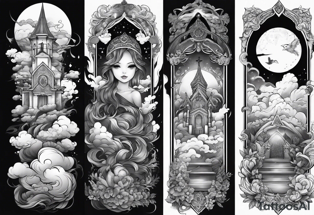Religious sleeve clouds heaven tattoo idea