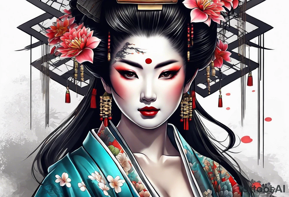 geisha girl that is also a Japanese waterfall tattoo idea