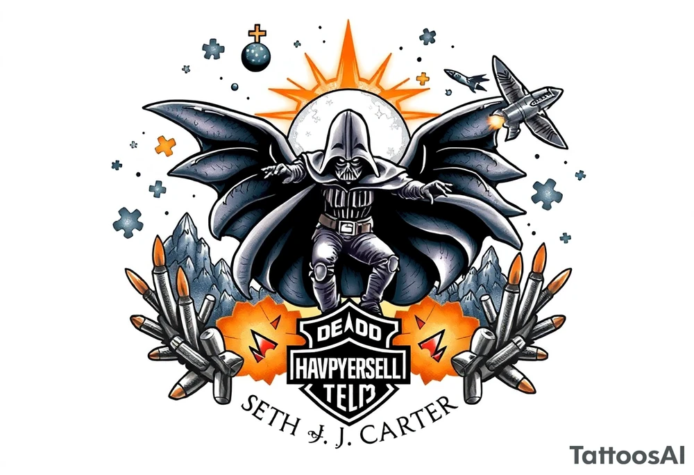 memorial, futuristic, star wars, space, skateboarding, camping, puzzle pieces, video games, heaven, god, outdoors, bullets, Harley Davidson, 
Seth J. Carter AKA "Darth Carter"
12/29/88-01/06/2025 tattoo idea
