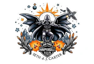 memorial, futuristic, star wars, space, skateboarding, camping, puzzle pieces, video games, heaven, god, outdoors, bullets, Harley Davidson, 
Seth J. Carter AKA "Darth Carter"
12/29/88-01/06/2025 tattoo idea