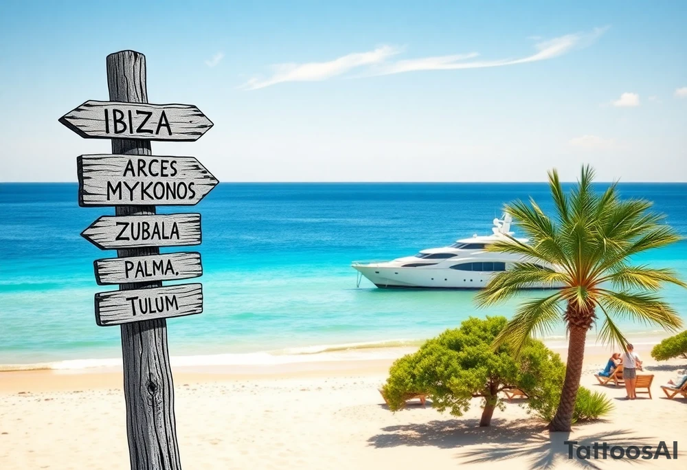 A tall wooden signpost with four directional arrows, each pointing in a different direction. The arrows are rustic and slightly weathered, with the names of popular travel destinations written on them: 'IBIZA', 'MYKONOS', 'DUBAI', 'ZRCE BEACH', 'IOS', 'PALMA', and 'TULUM'. The signpost is located on a sandy beach with a clear blue ocean in the background. A luxurious white yacht is visible on the water, slightly in the distance. A tall, green palm tree stands nearby, casting a small shadow on the sand. The scene is bathed in warm sunlight, with a few wispy clouds in the sky, creating a relaxed and tropical vacation vibe. tattoo idea